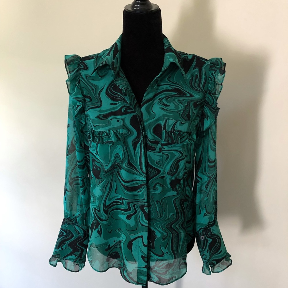 Misa LA Blouse Ruffle Sheer Green Black Anita NWT - Picture 4 of 10